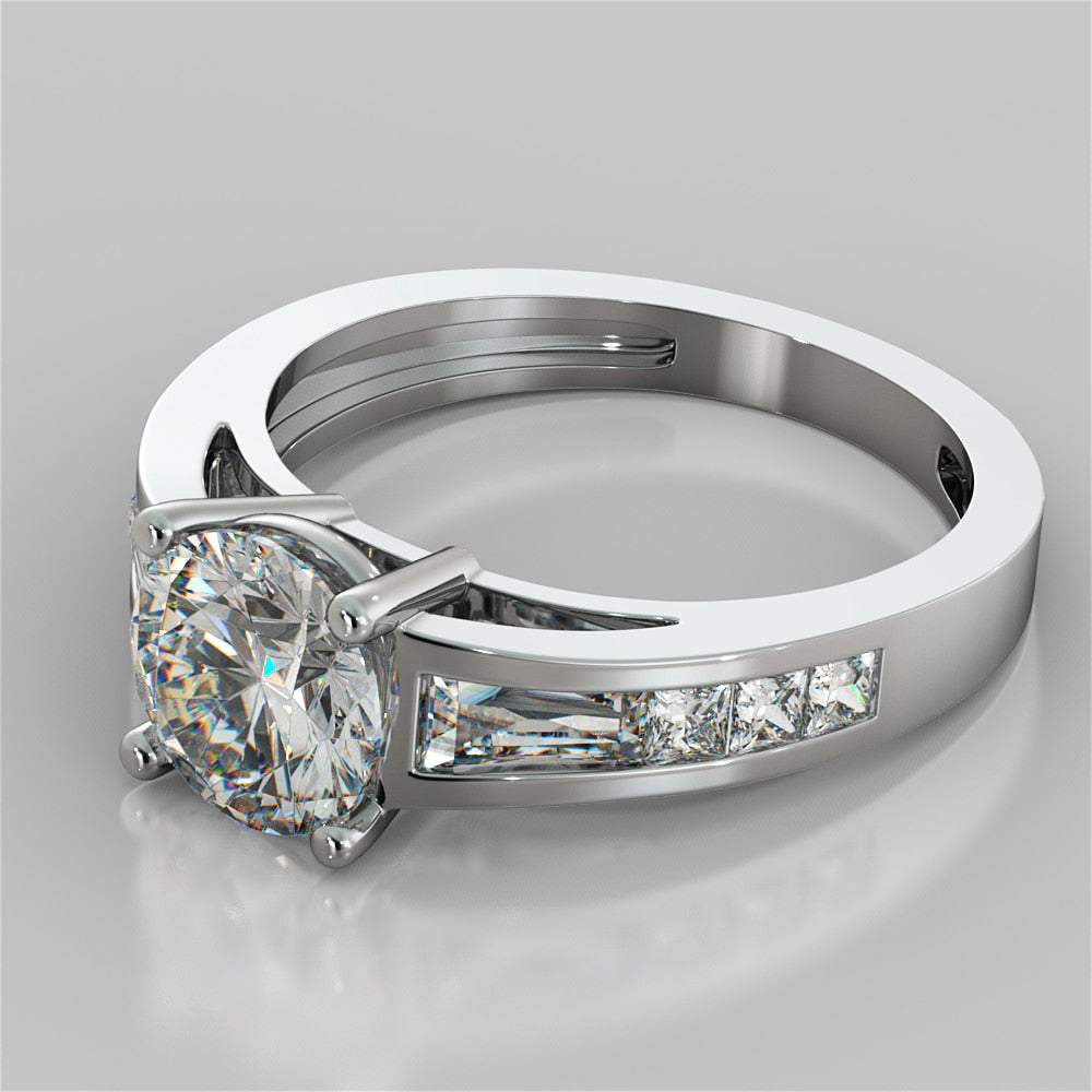 1.5CT Round Cut Lab Grown Diamond Cathedral Engagement Ring with Baguette Accents