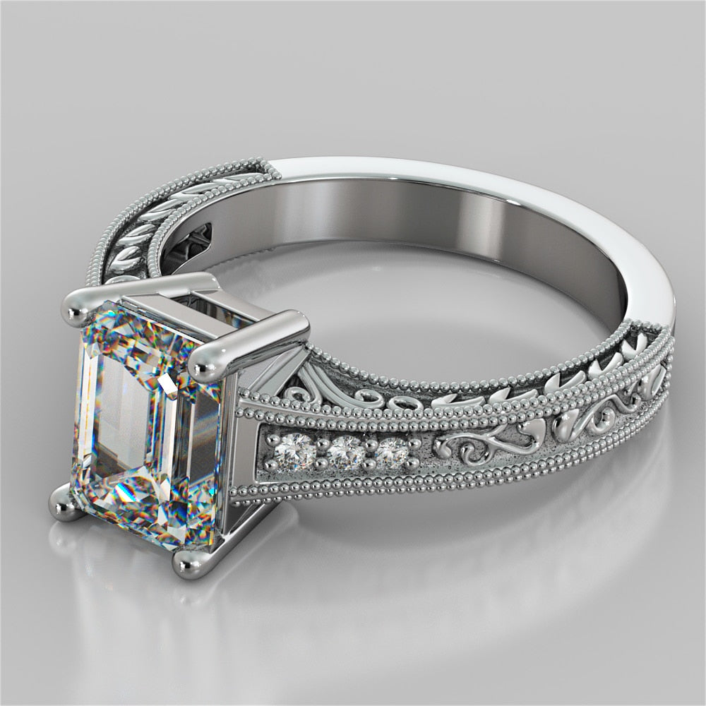 2.0Ct Emerald Cut Lab Grown Diamond Filigree Engagement Ring