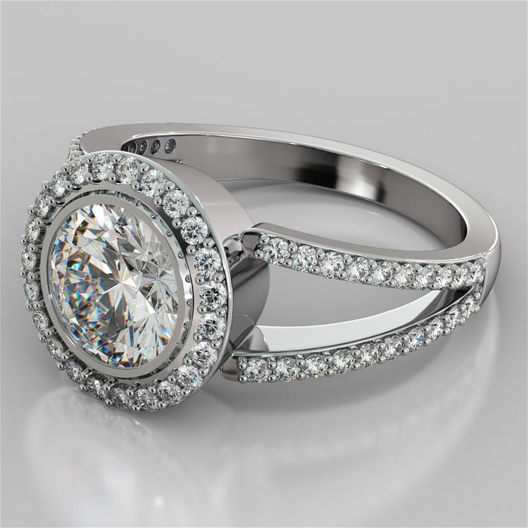 Round Cut Split Shank Halo Engagement Ring