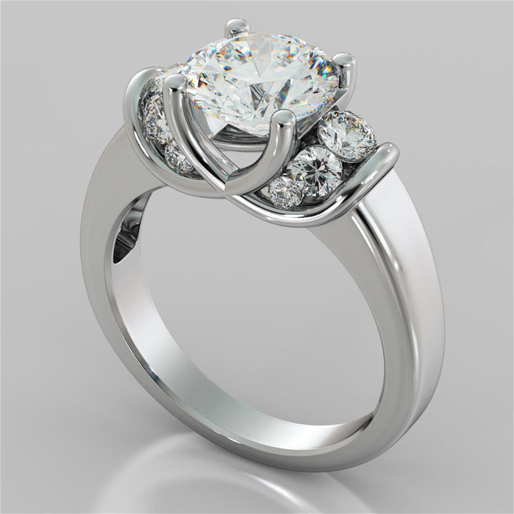 Silver ring with a large diamond and smaller diamonds on a gray background
