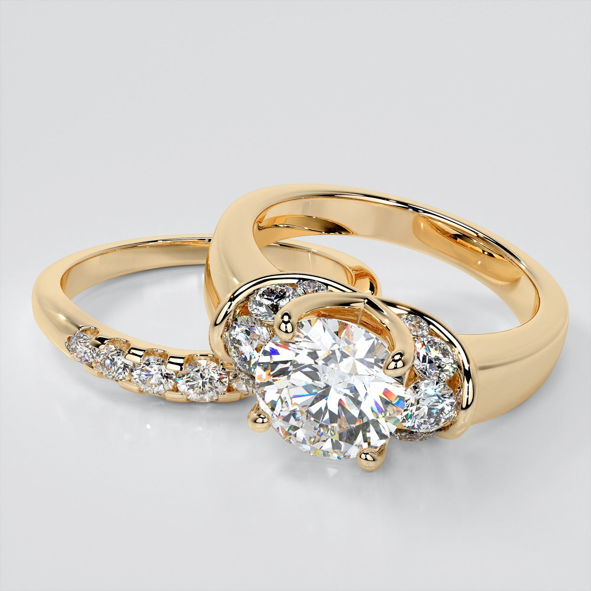 Round Cut Trio Wedding Set With 2 Matching Bands