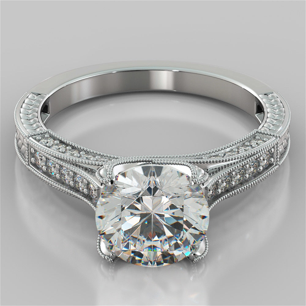 2.50Ct Antique-Style Round Cut Engagement Ring in 14K White Gold