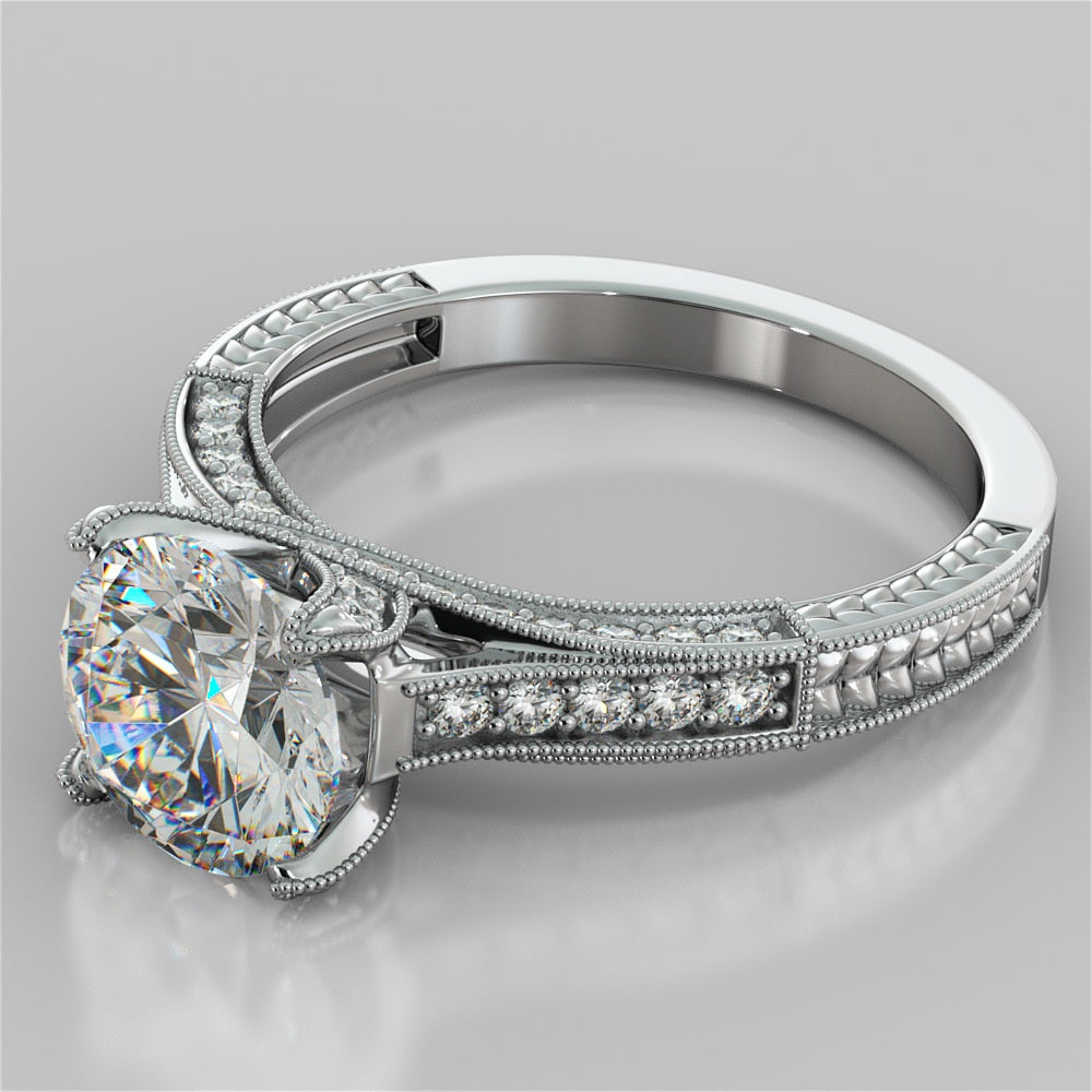 2.50Ct Antique-Style Round Cut Engagement Ring in 14K White Gold