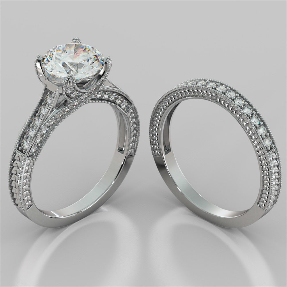 Antique Style Round Cut Wedding Set