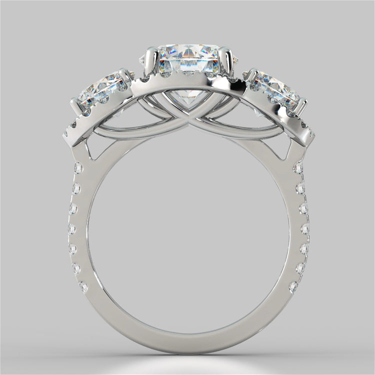 Round Cut Three-Stone Scalloped Trellis Wedding Set