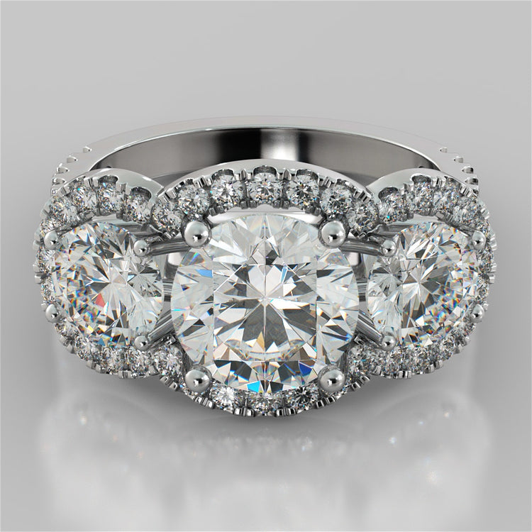 Lab Grown Diamond Round Cut Three-Stone Trellis Engagement Ring with Accents