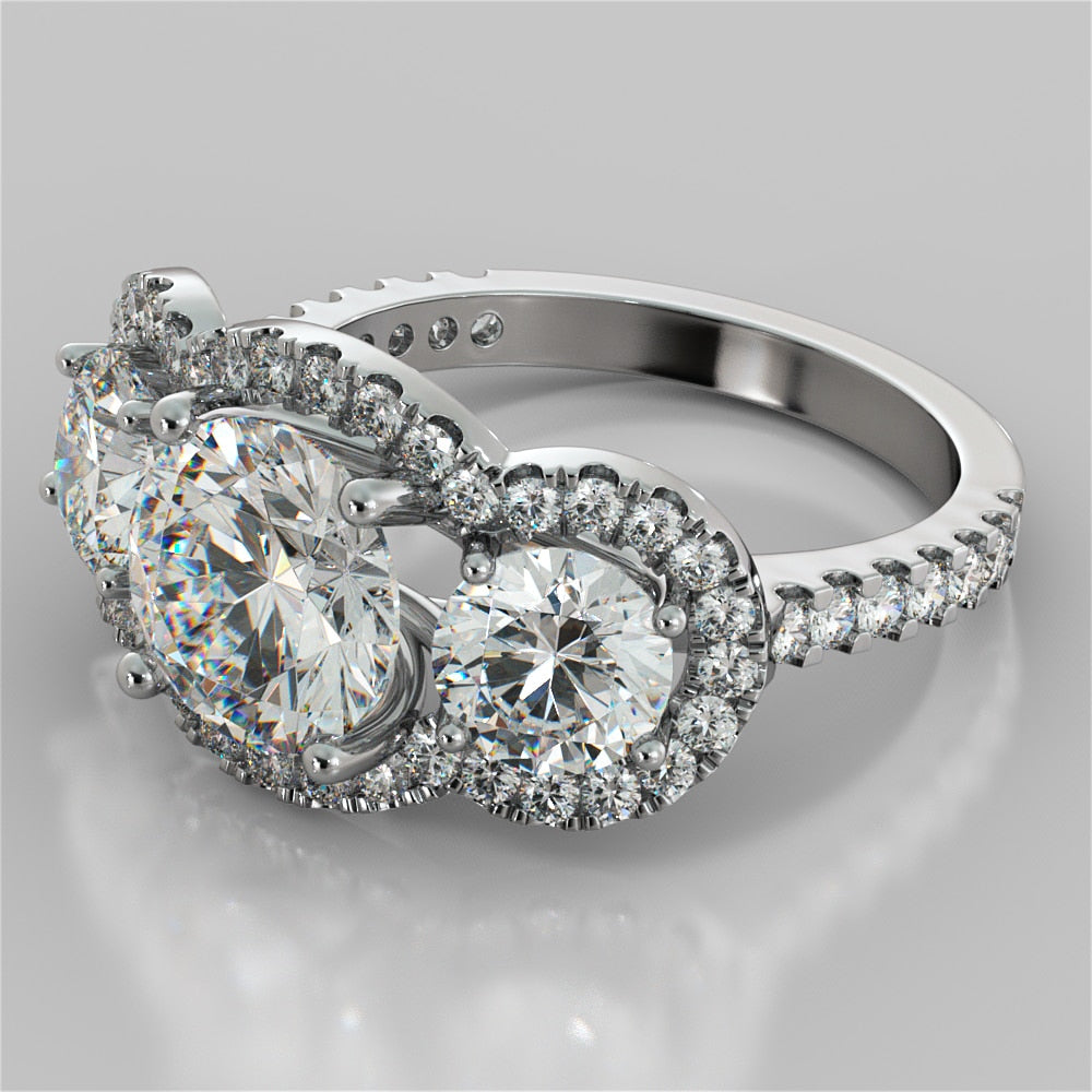 Round Cut Three-Stone Trellis Trio-Wedding Set with Scalloped Setting