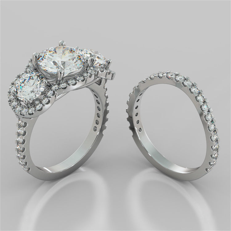 Round Cut Three-Stone Scalloped Trellis Wedding Set