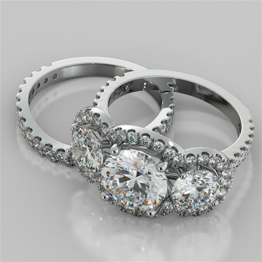 Round Cut Three-Stone Scalloped Trellis Wedding Set