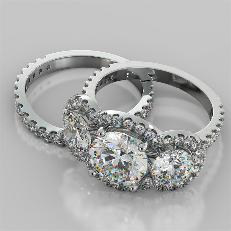 Lab Grown Diamond Round Cut Three-Stone Trellis Engagement Ring with Accents