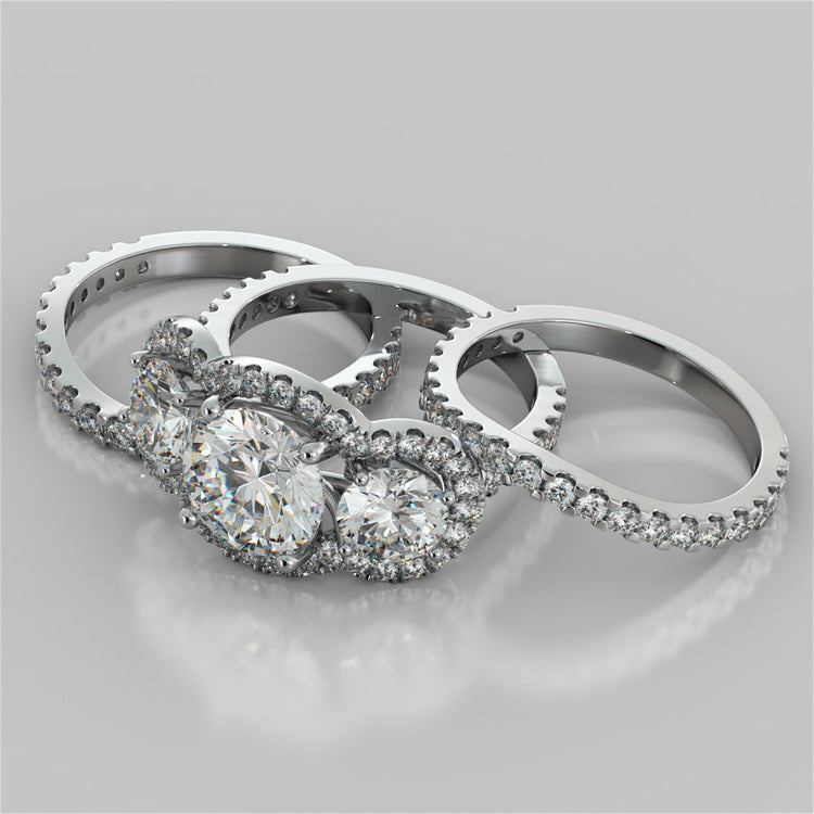 Round Cut Three-Stone Scalloped Trellis Wedding Set