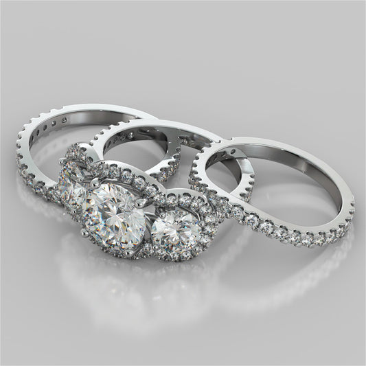 Round Cut Three-Stone Trellis Trio-Wedding Set with Scalloped Setting