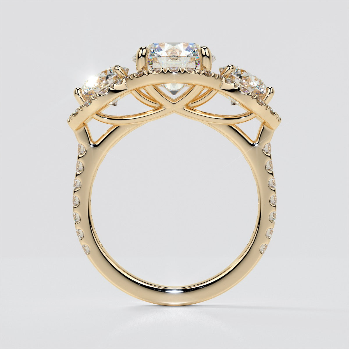2.0Ct Round Cut Lab Grown Diamond Three-Stone Trellis Engagement Ring with Accents
