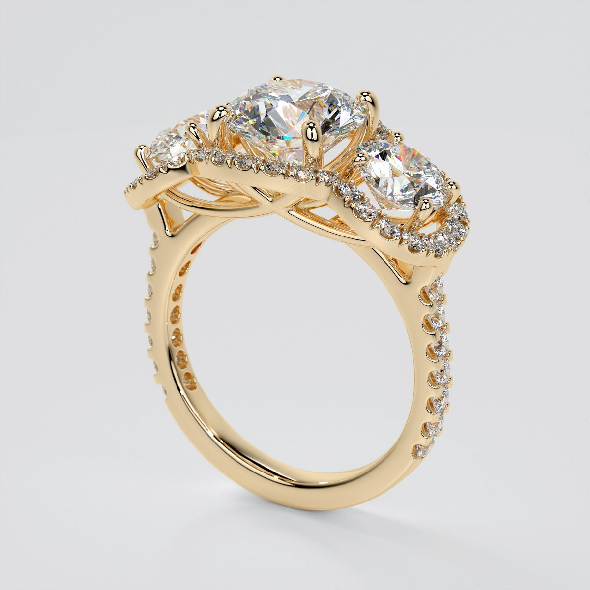 Round Cut Three-Stone Scalloped Trellis Wedding Set