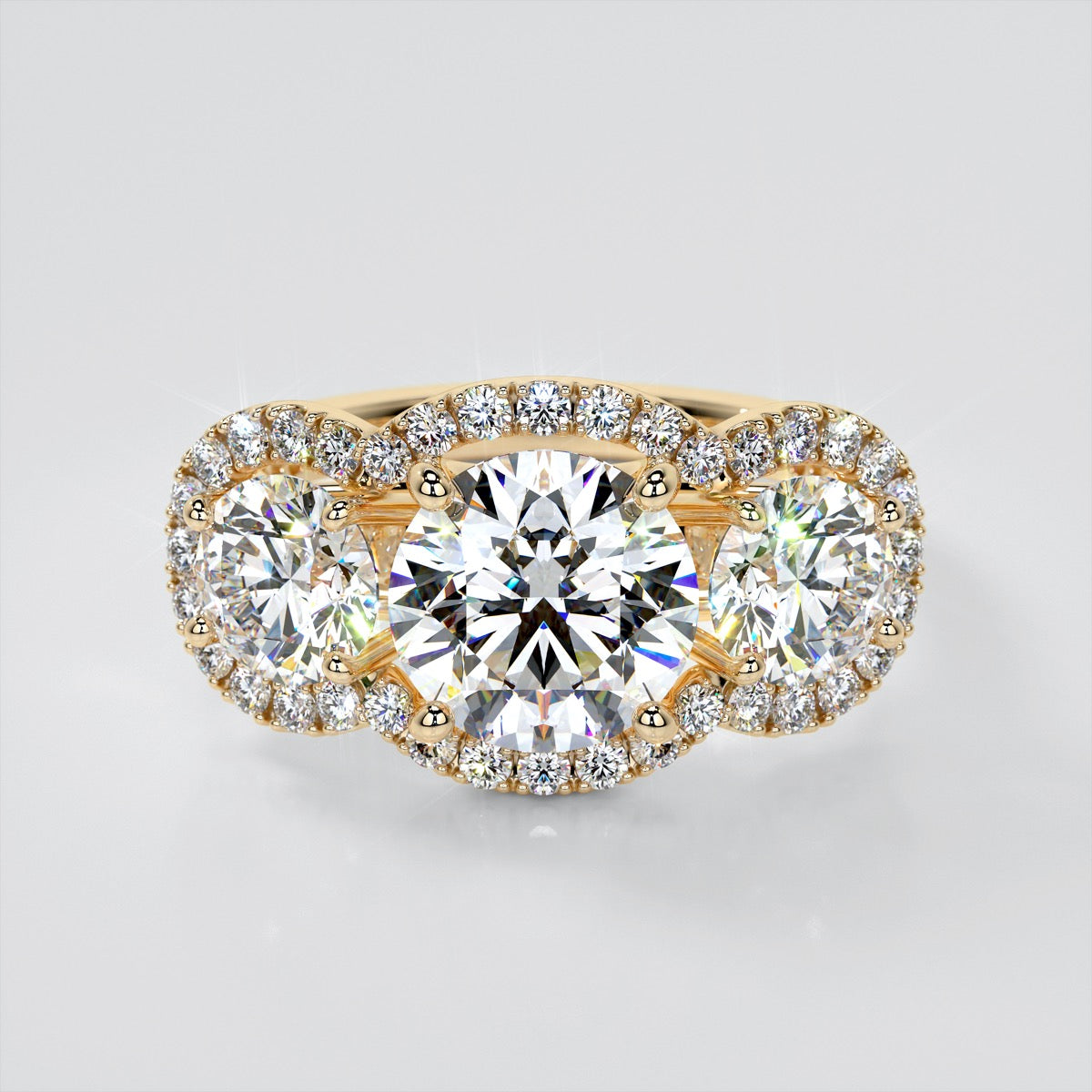 Round Cut Three-Stone Trellis Trio-Wedding Set with Scalloped Setting