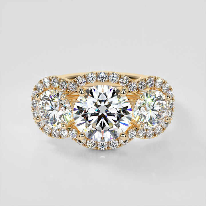 Round Cut Three-Stone Trellis Trio-Wedding Set with Scalloped Setting