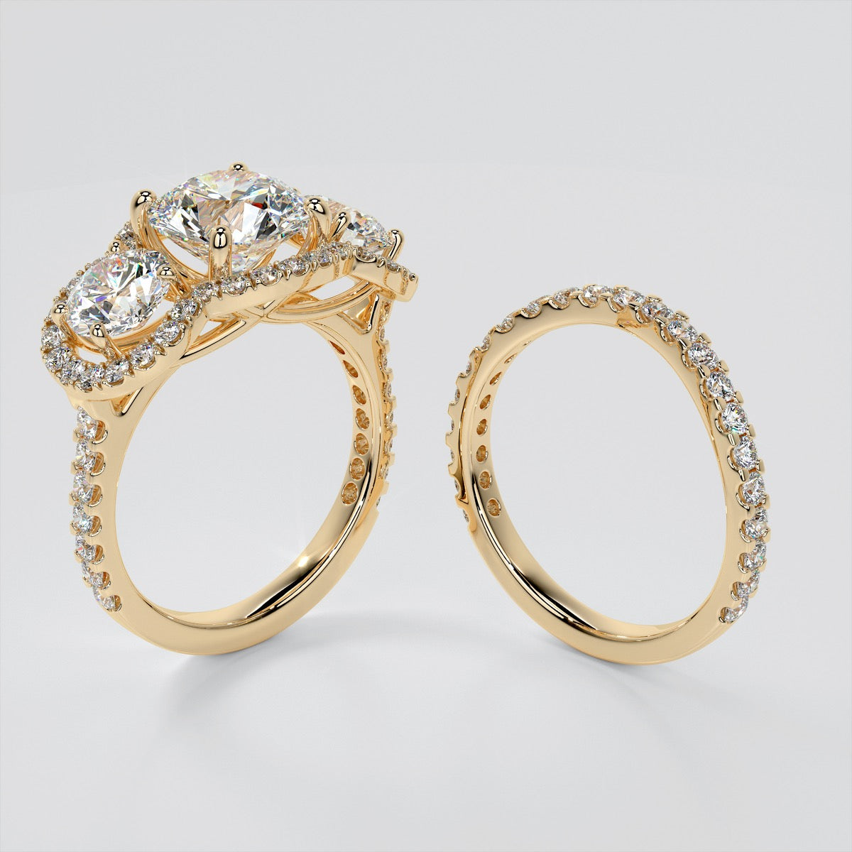 Round Cut Three-Stone Trellis Trio-Wedding Set with Scalloped Setting