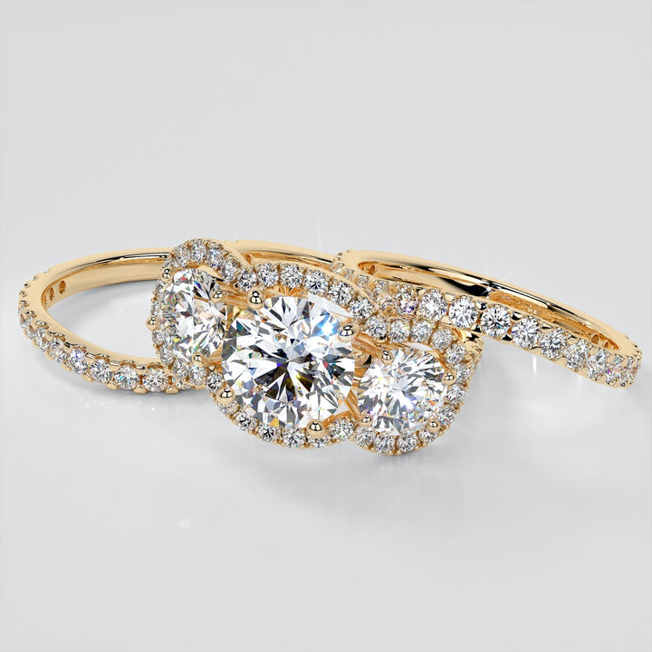 Round Cut Three-Stone Trellis Trio-Wedding Set with Scalloped Setting
