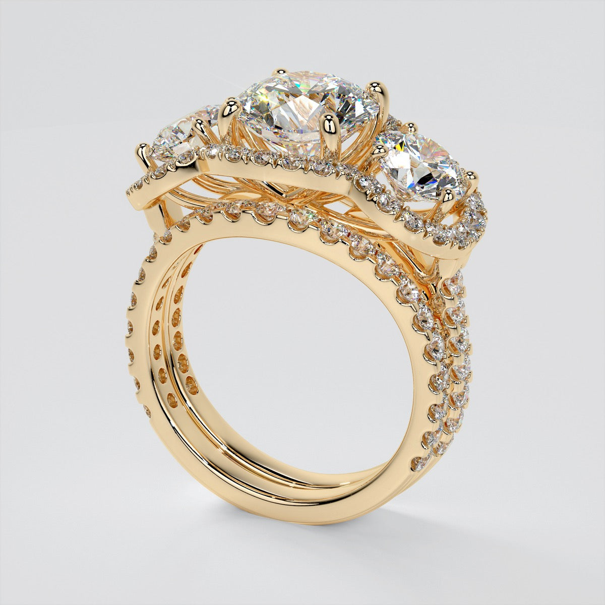 Round Cut Three-Stone Trellis Trio-Wedding Set with Scalloped Setting