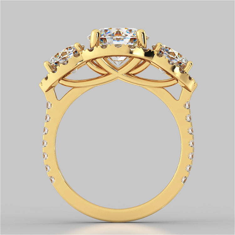 Round Cut Three-Stone Scalloped Trellis Wedding Set