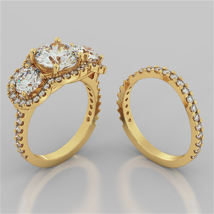 Round Cut Three-Stone Scalloped Trellis Wedding Set