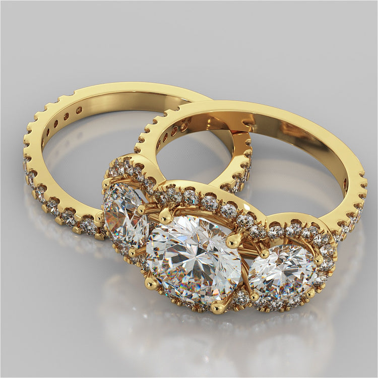 Round Cut Three-Stone Trellis Engagement Ring with Accents