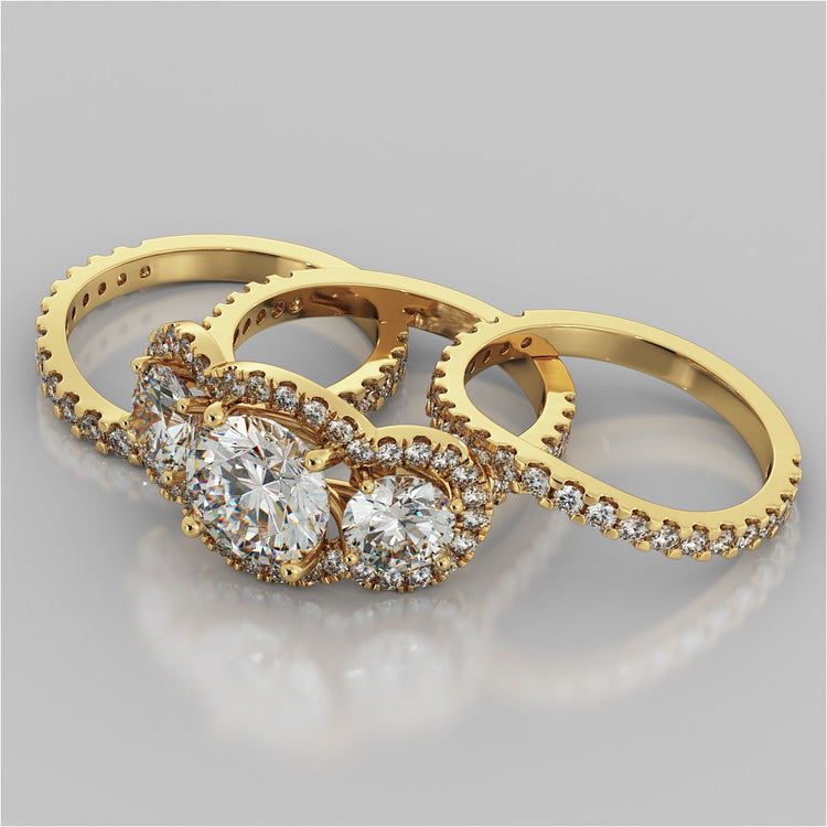 Round Cut Three-Stone Scalloped Trellis Wedding Set