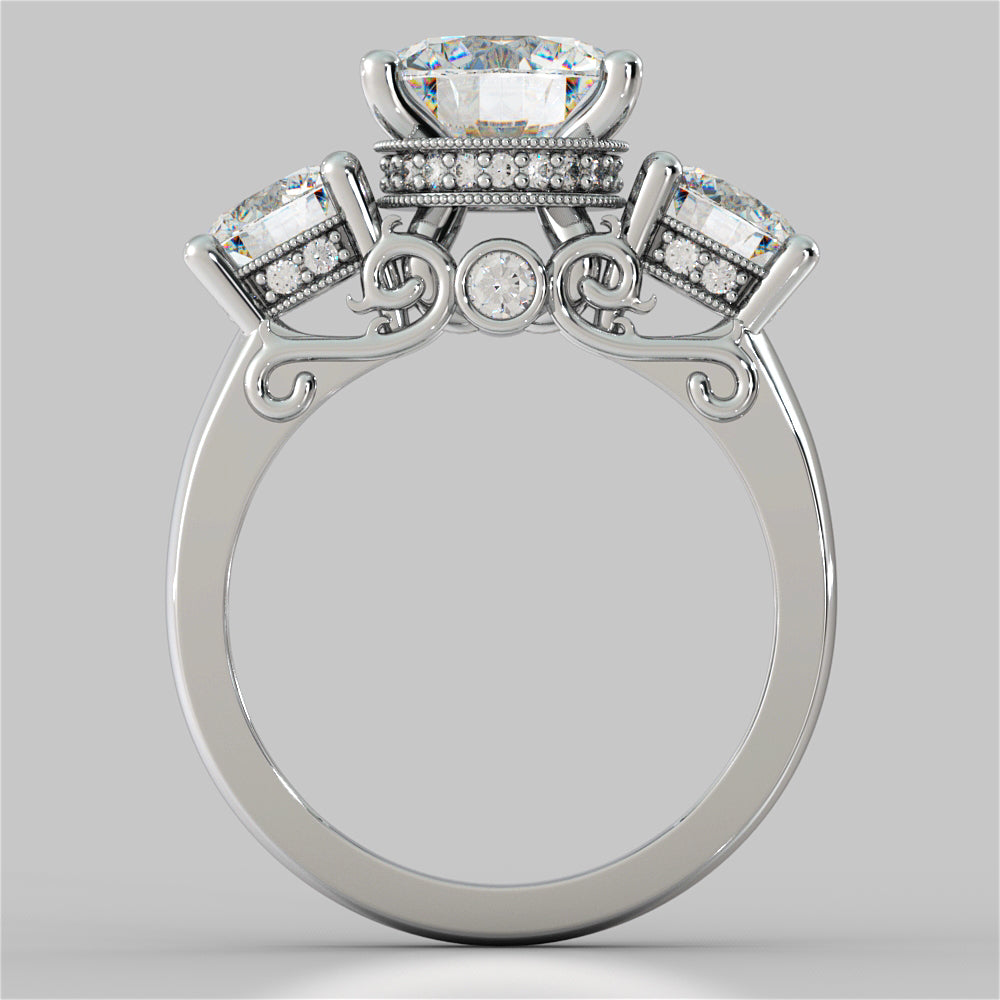 Round Cut Three Stone Filigree Engagement Ring with Crown Accents
