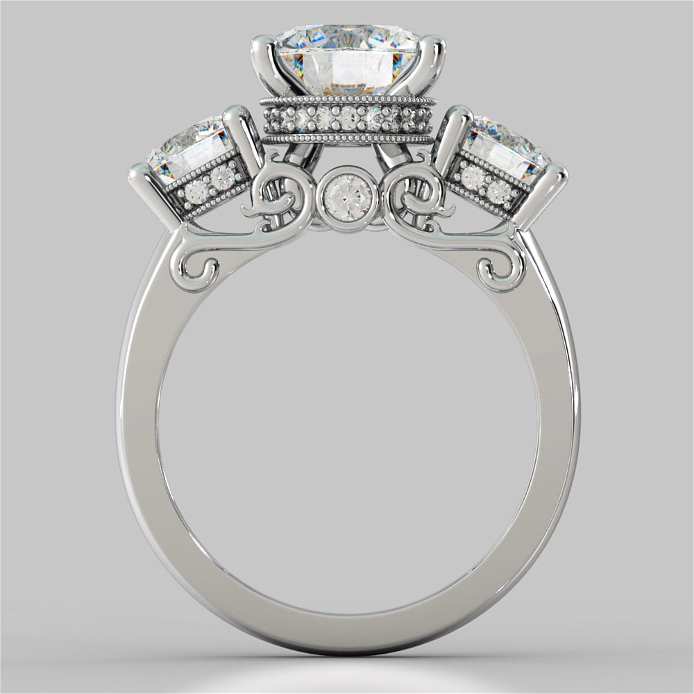 3.16CT Round Cut Three-Stone Filigree Engagement Ring in 14K White Gold - Same Day Shipping