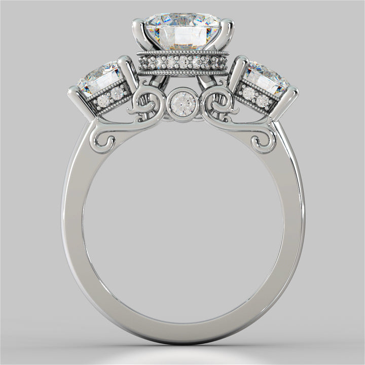 3.16CTW Lab Grown Diamond Round Cut Three Stone Filigree Engagement Ring with Crown Accents
