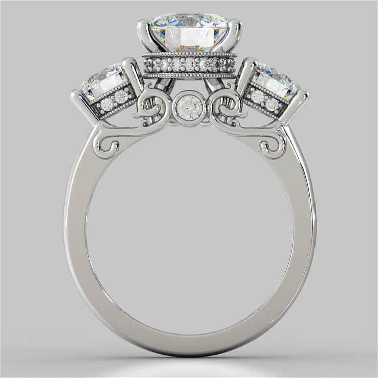 Lab Grown Diamond Round Cut Three Stone Filigree Engagement Ring with Crown Accents