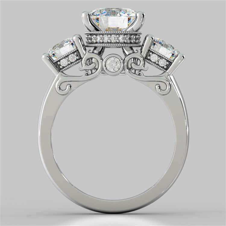 Round Cut Three-Stone Designer Wedding Set with Filigree Accents