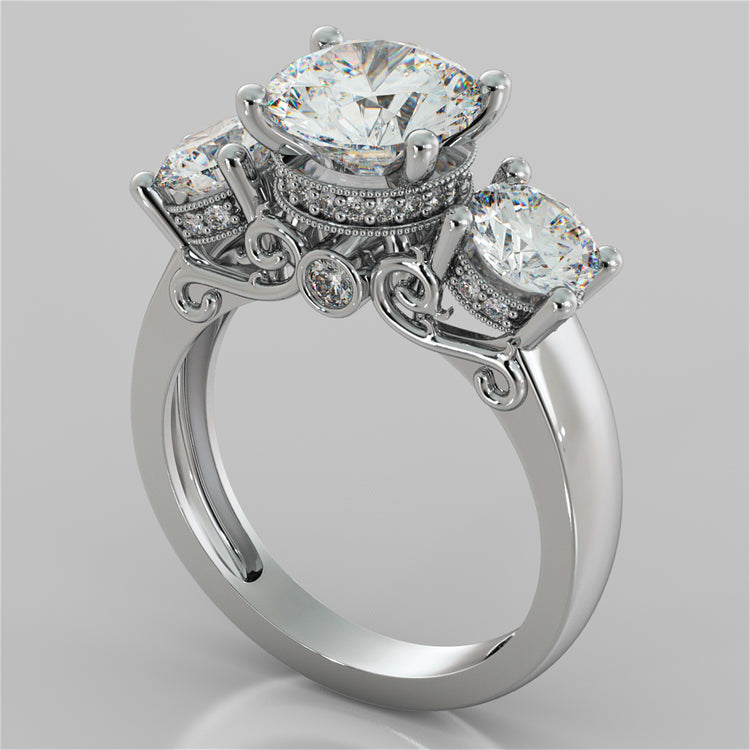 Lab Grown Diamond Round Cut Three Stone Filigree Engagement Ring with Crown Accents