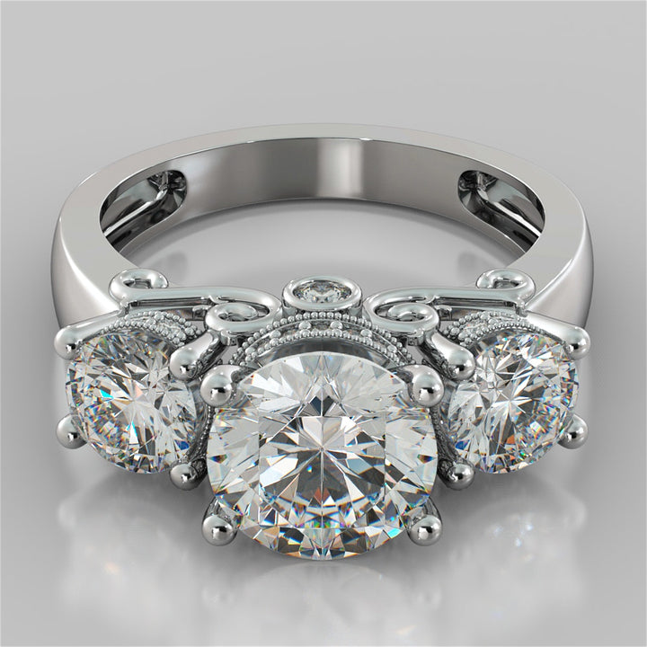 3.16CT Round Cut Three-Stone Filigree Engagement Ring in 14K White Gold