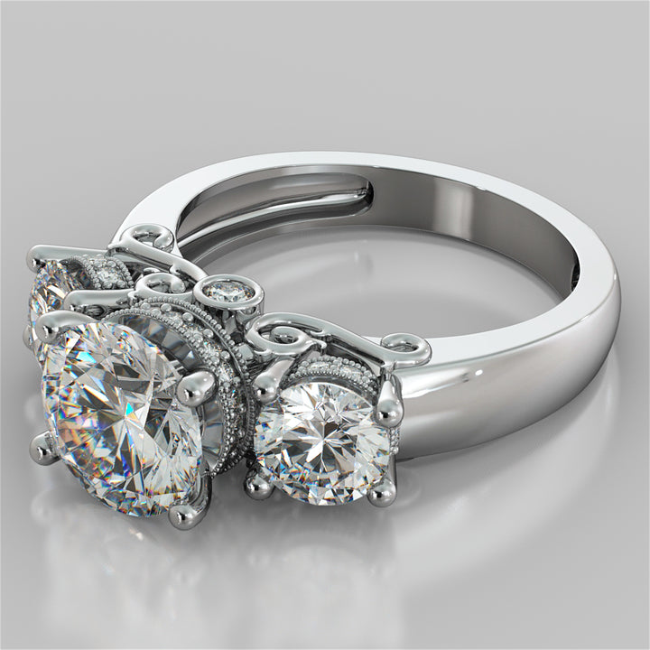 3.16CT Round Cut Three-Stone Filigree Engagement Ring in 14K White Gold
