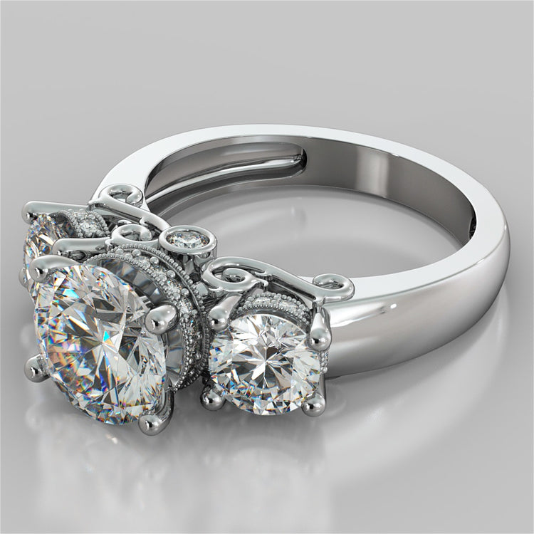 Round Cut Three-Stone Designer Wedding Set with Filigree Accents