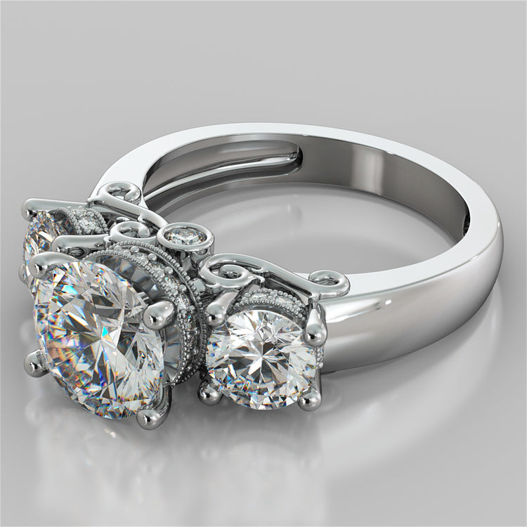 Lab Grown Diamond Round Cut Three Stone Filigree Engagement Ring with Crown Accents