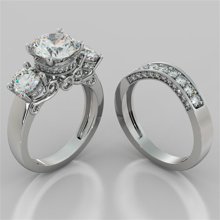 Round Cut Three-Stone Designer Wedding Set with Filigree Accents