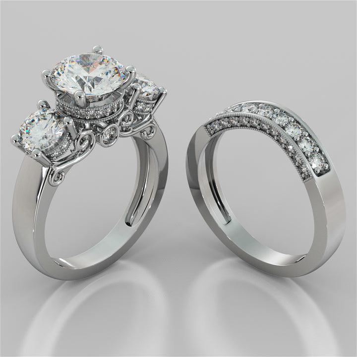 3.16CTW Lab Grown Diamond Round Cut Three Stone Filigree Engagement Ring with Crown Accents