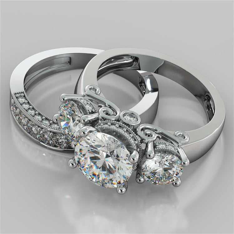 Round Cut Three-Stone Designer Wedding Set with Filigree Accents