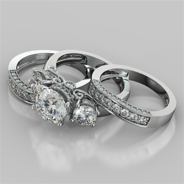 Round Cut Three-Stone Designer Wedding Set with Filigree Accents