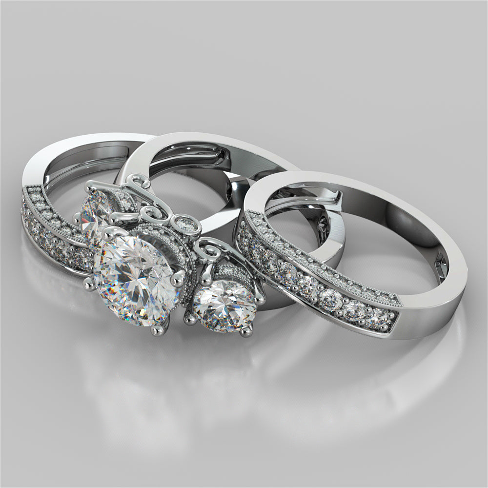 3.16CTW Lab Grown Diamond Round Cut Three Stone Filigree Engagement Ring with Crown Accents