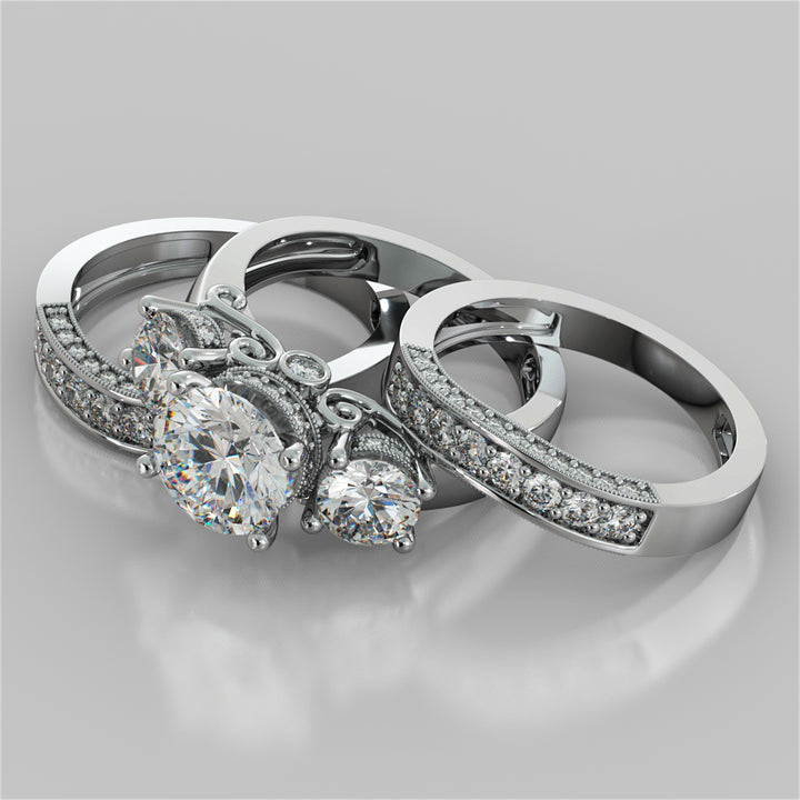 3.16CTW Lab Grown Diamond Round Cut Three Stone Filigree Engagement Ring with Crown Accents