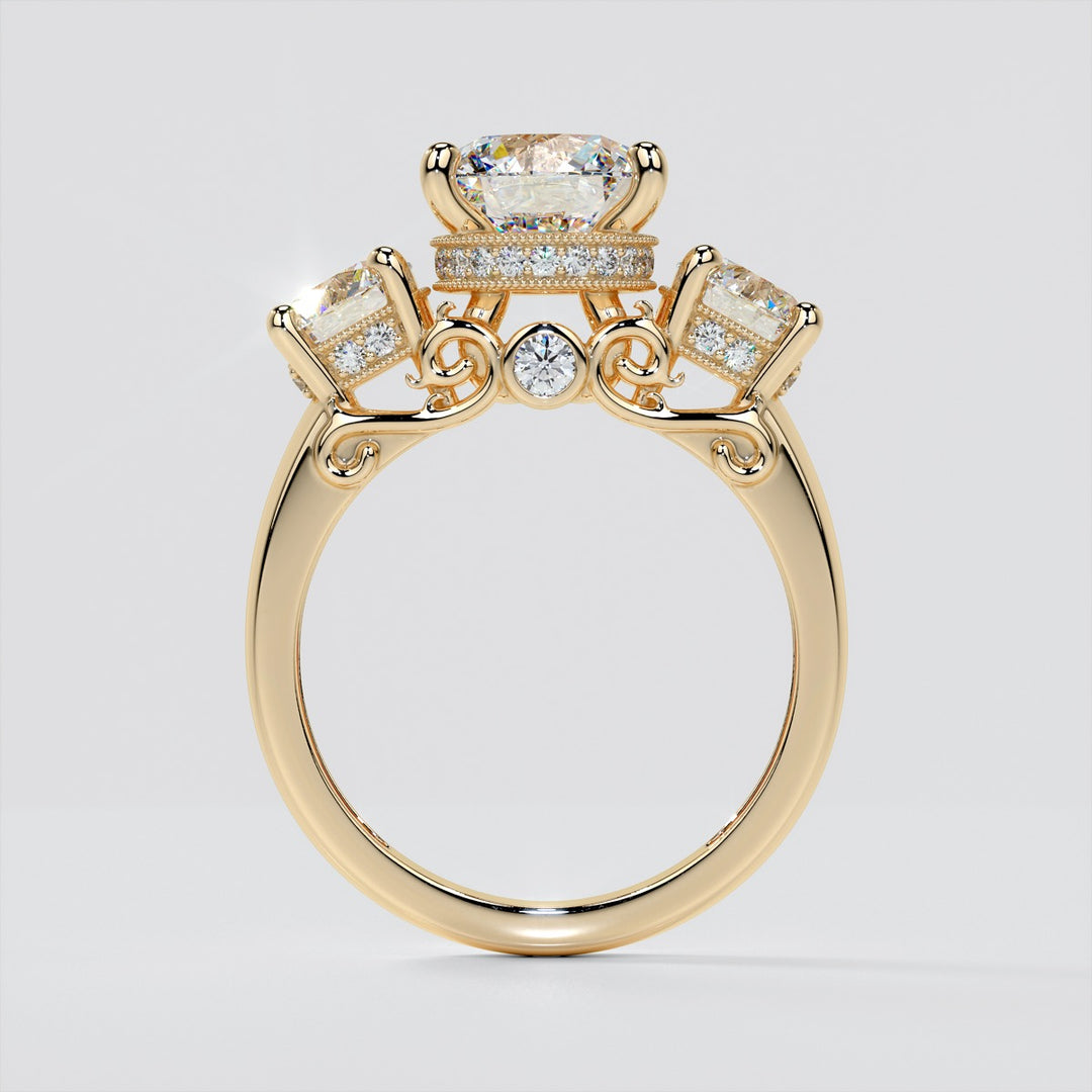 3.16CTW Lab Grown Diamond Round Cut Three Stone Filigree Engagement Ring with Crown Accents