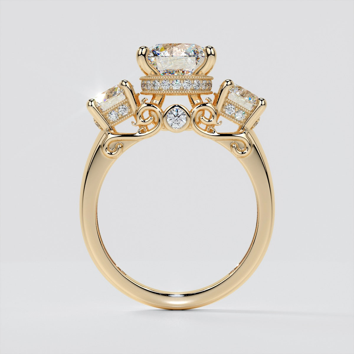 3.16CTW Lab Grown Diamond Round Cut Three Stone Filigree Engagement Ring with Crown Accents