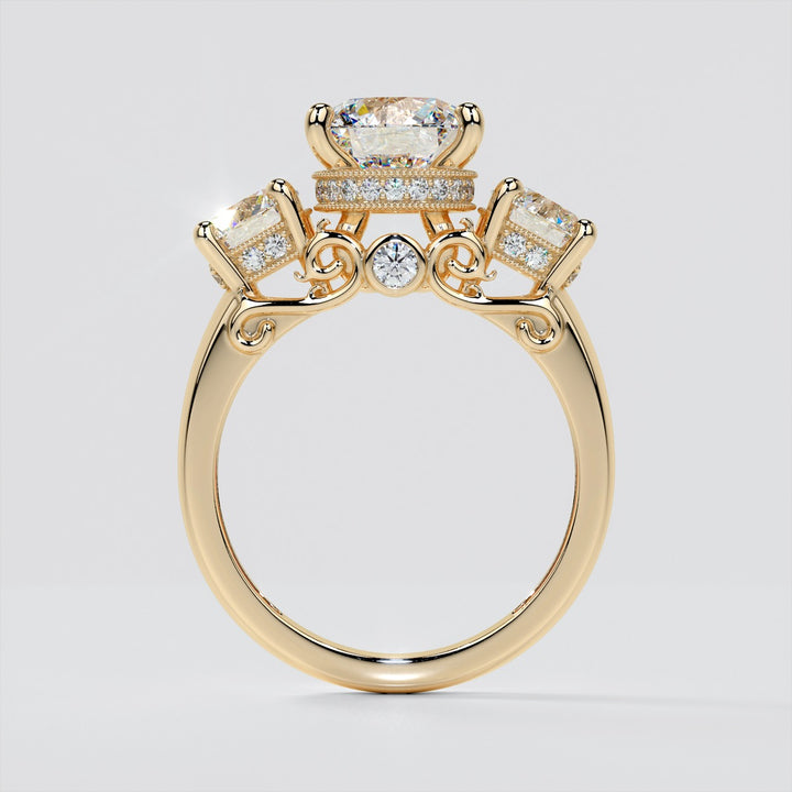 3.16CTW Lab Grown Diamond Round Cut Three Stone Filigree Engagement Ring with Crown Accents