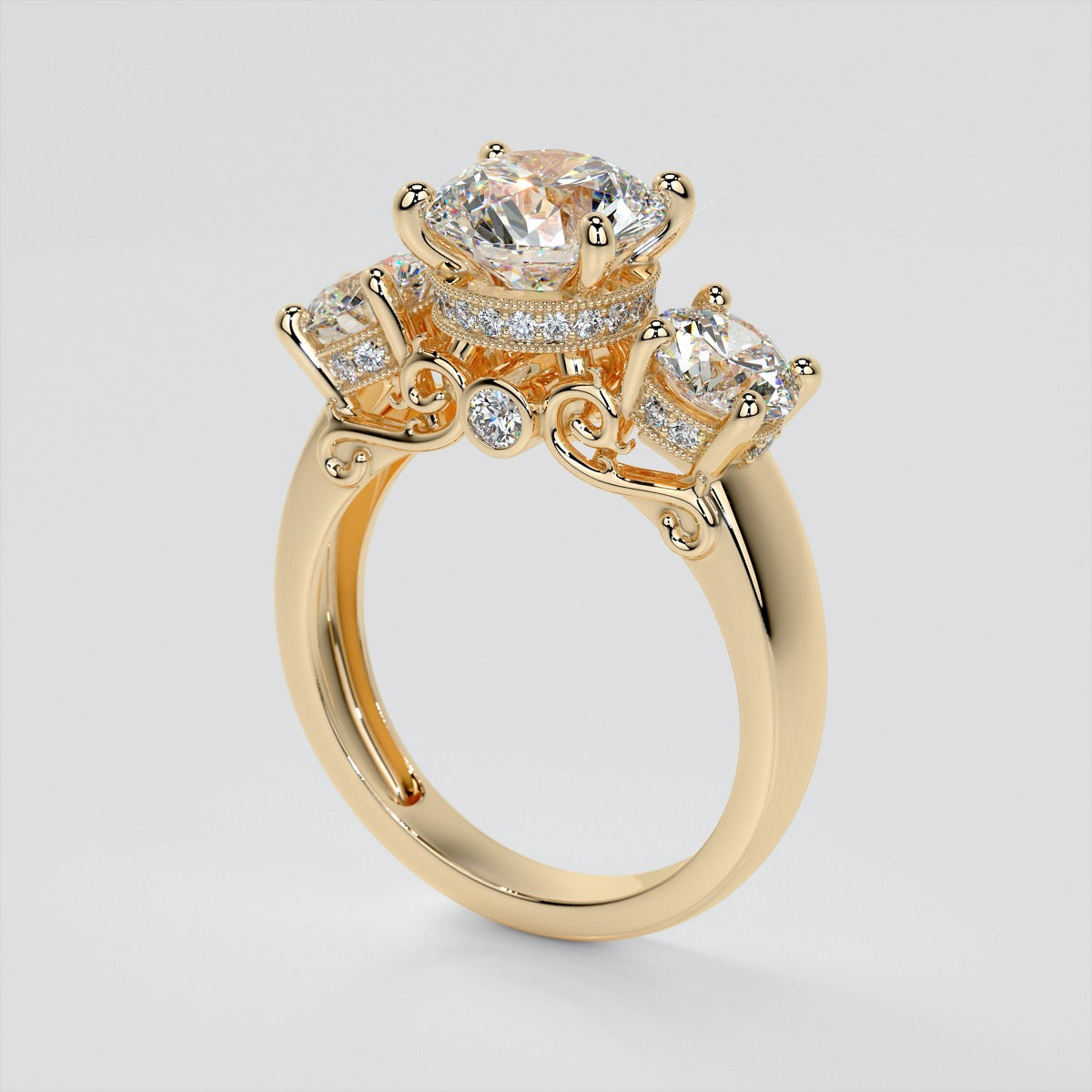 3.16CTW Lab Grown Diamond Round Cut Three Stone Filigree Engagement Ring with Crown Accents