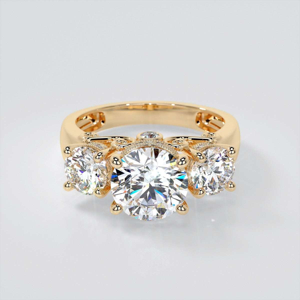 3.16CTW Lab Grown Diamond Round Cut Three Stone Filigree Engagement Ring with Crown Accents