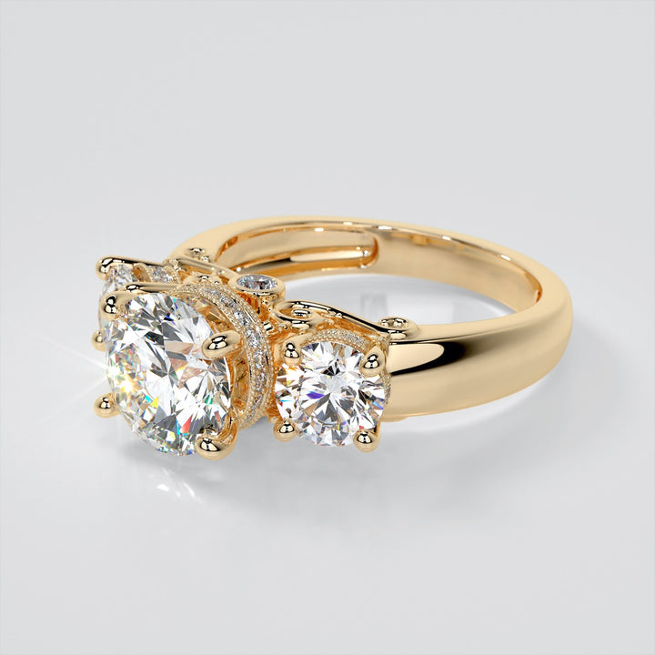 3.16CTW Lab Grown Diamond Round Cut Three Stone Filigree Engagement Ring with Crown Accents