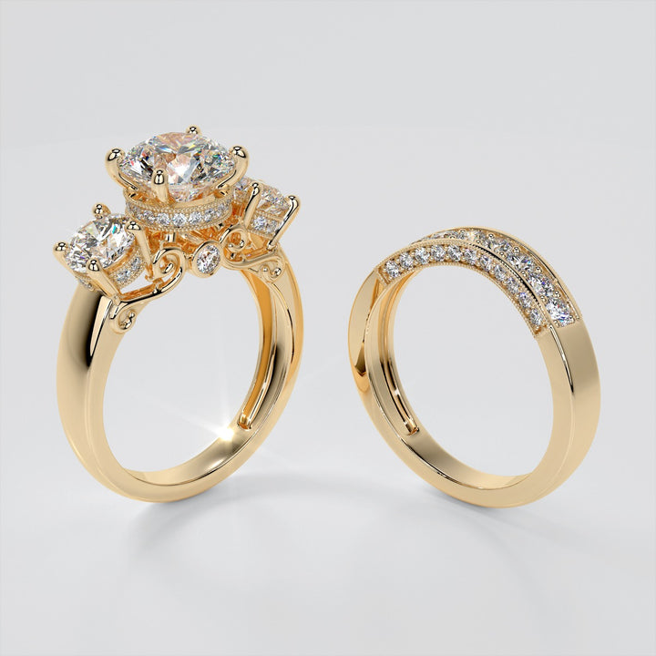 3.16CTW Lab Grown Diamond Round Cut Three Stone Filigree Engagement Ring with Crown Accents